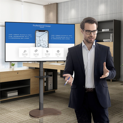 kopen Verstelbare zwarte mobiele tv-vloerstand 65 inch met wielen voor 43-65 inch tv-schermen online manufacture